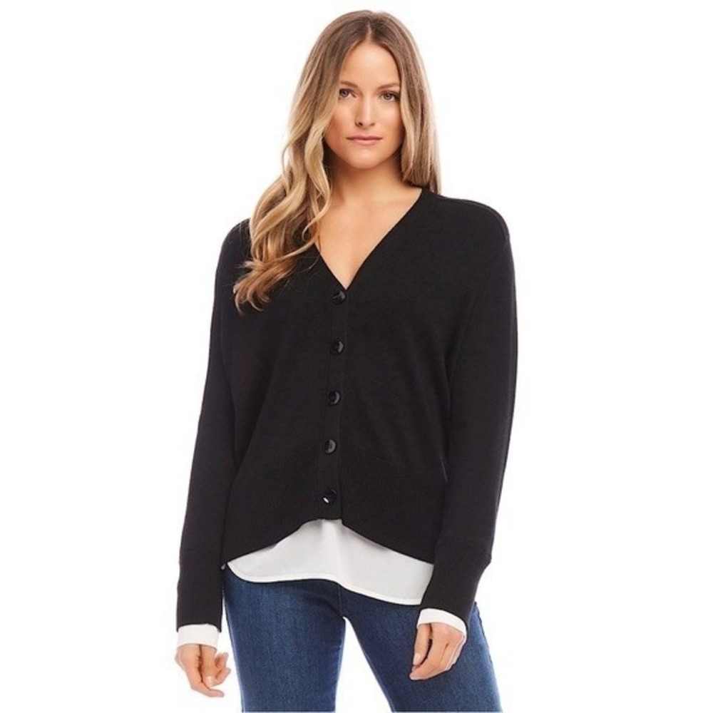 NWT Karen Kane Sweater Cardigan Cashmere Blend Black w/ White Shirt Hem Small